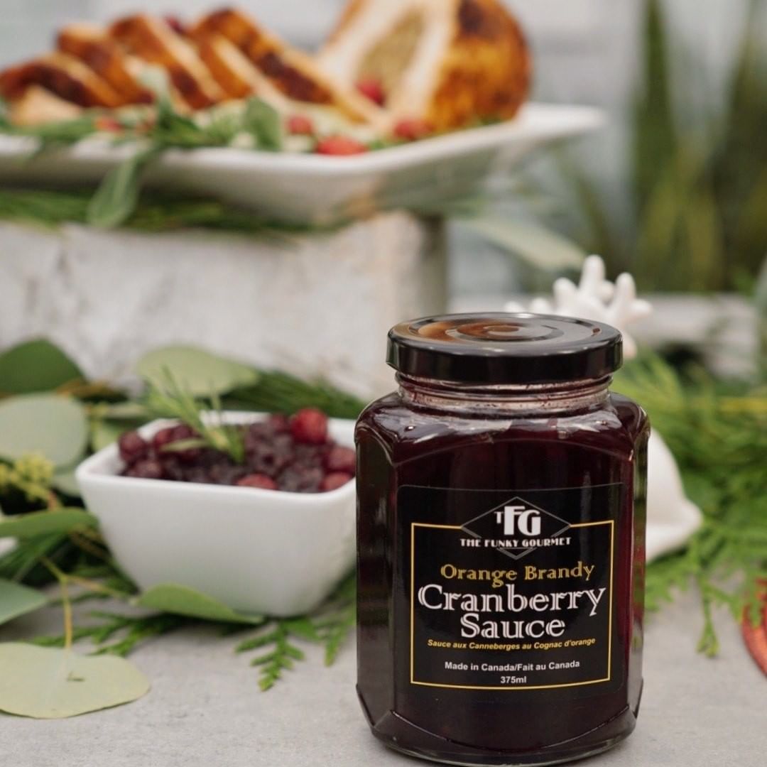 The funky gourmet orange brandy cranberry sauce in front of turkey dinner.
