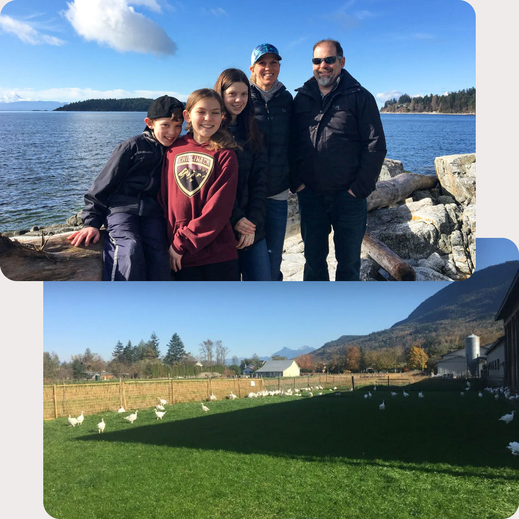 Two photos, one of Trevor Allen's family standing in front of the ocean, and one of free range turkeys grazing in green pasture near the shade of a barn.