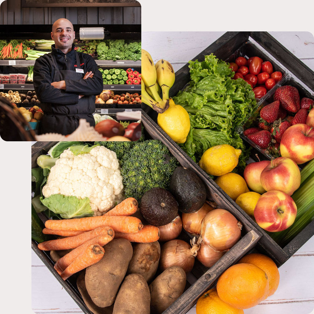 A composition of two photos. The first photo depicts a male produce manager wearing a black apron standing in front of fresh, farm market fruits and vegetables. The second photo depicts a rustic wooden box overflowing with fresh fruits and vegetables including lettuce, potatoes, carrots, apples, lemons and strawberries. 