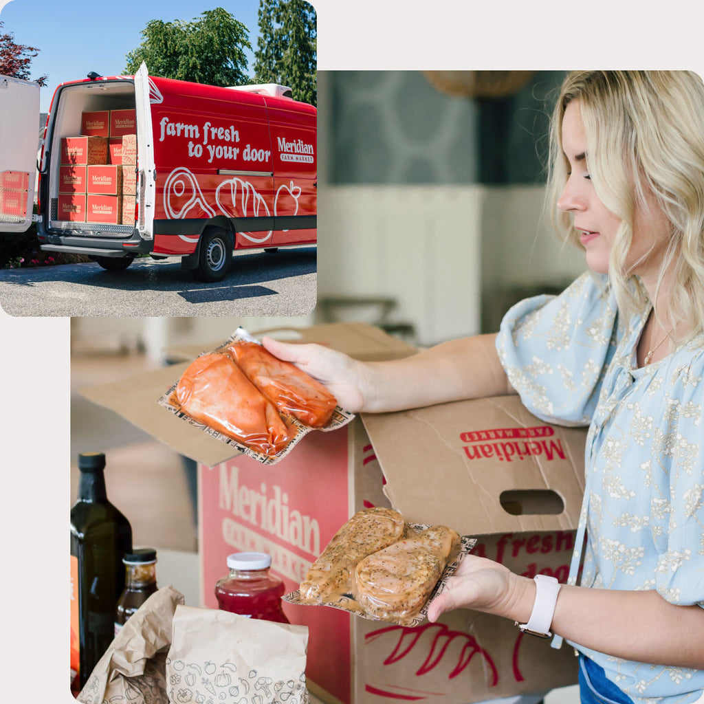 A composition of two photos. The first photo depicts a bright red refrigerated delivery truck with "Farm Fresh to Your Door" printed on the side. The rear of the truck is open and packed with red Meridian grocery delivery boxes. The second photo depicts a red Meridian grocery delivery box being unpacked by a blonde woman wearing a blue blouse in a kitchen. She's holding packages of marinaded chicken breasts next to olive oil and fresh fruit juice.