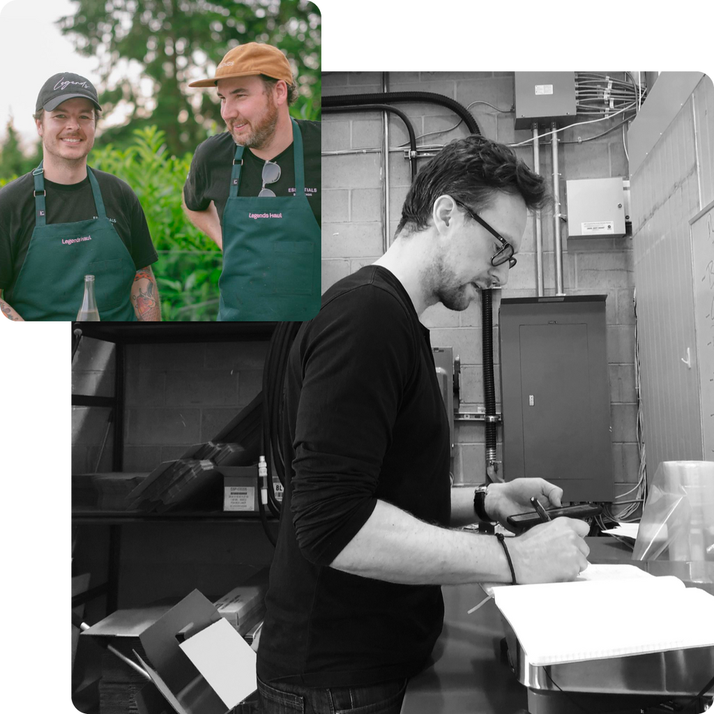 A composition of two photos. The first photo depicts two male chefs in green aprons smiling in a nature setting. The second black and white photo depicts a man with glasses writing in a notebook in a commercial kitchen.
