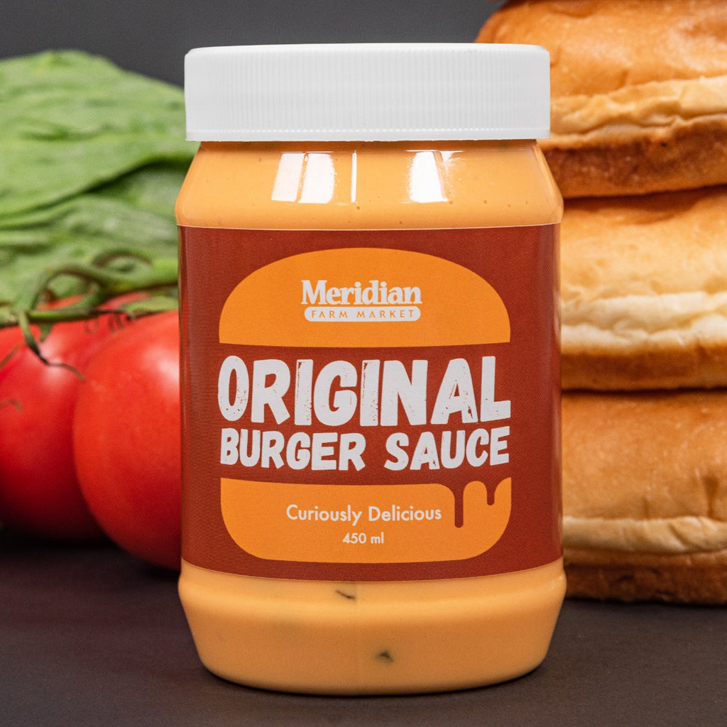 Meridian Original Burger Sauce 450ml in front lettuce