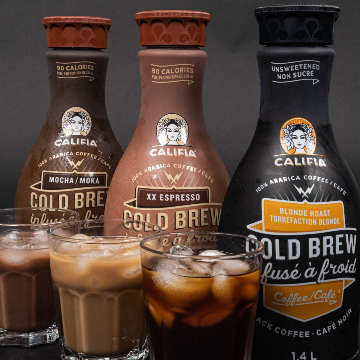 Califia Farms Mocha, XX Espresso, and Blonde Roast